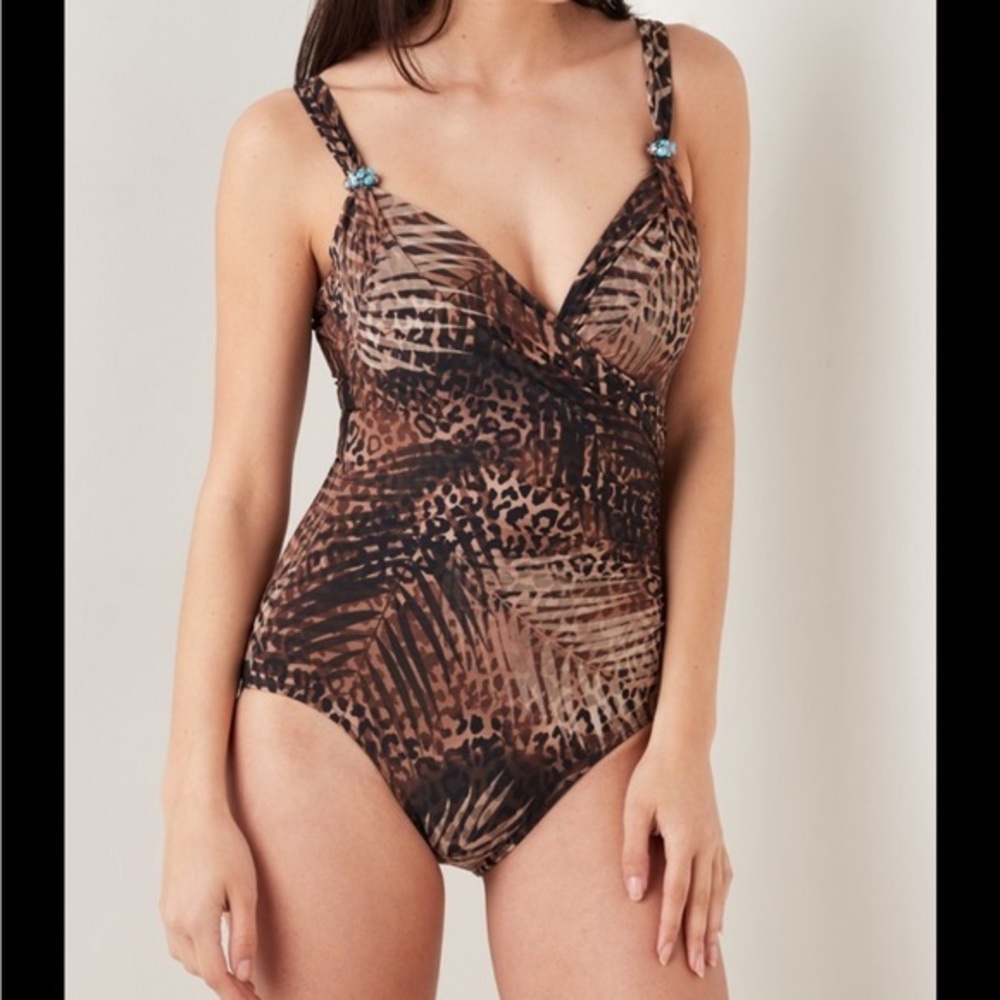 Miraclesuit Oceanus Leopard All Over Slimming One Piece Wrap Swim Suit Size 8.